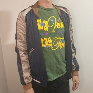 Zara Blue and Tan Varsity Bomber Jacket